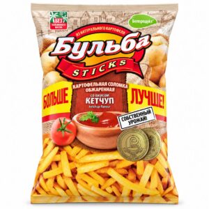 Smażone paluszki ziemniaczane o smaku ketchupu.